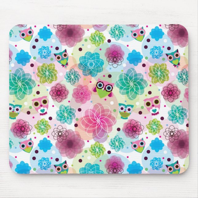 Mousepad Teste padrão bonito do fundo da coruja da flor (Frente)