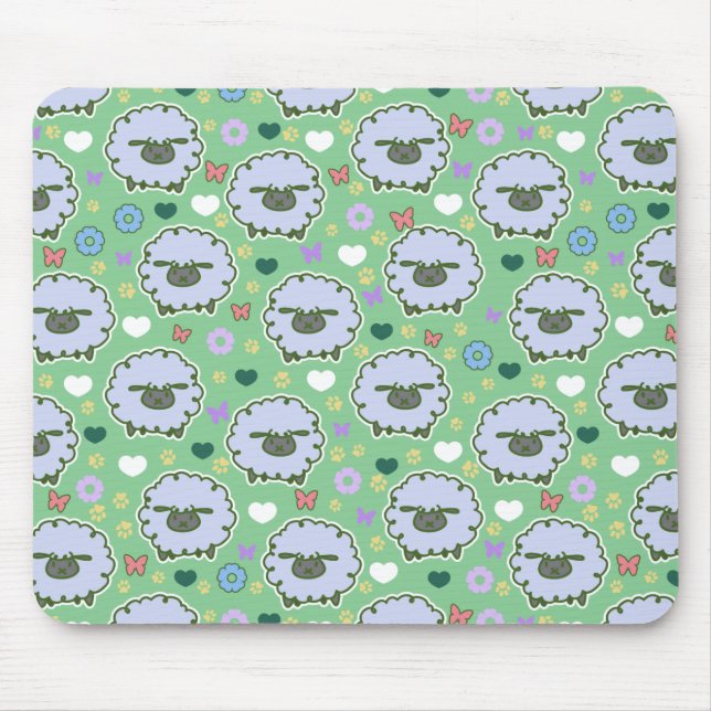 Mousepad Teste padrão bonito do verde dos carneiros brancos (Frente)