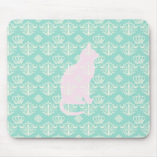 Mousepad Teste padrão branco do design do gato do damasco (Frente)