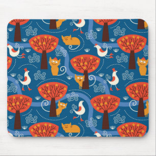 Mousepad teste padrão com gatos bonitos e pássaros