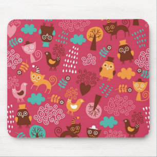 Mousepad Teste padrão com pássaros bonitos e gatos