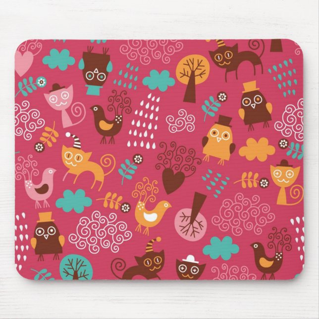 Mousepad Teste padrão com pássaros bonitos e gatos (Frente)
