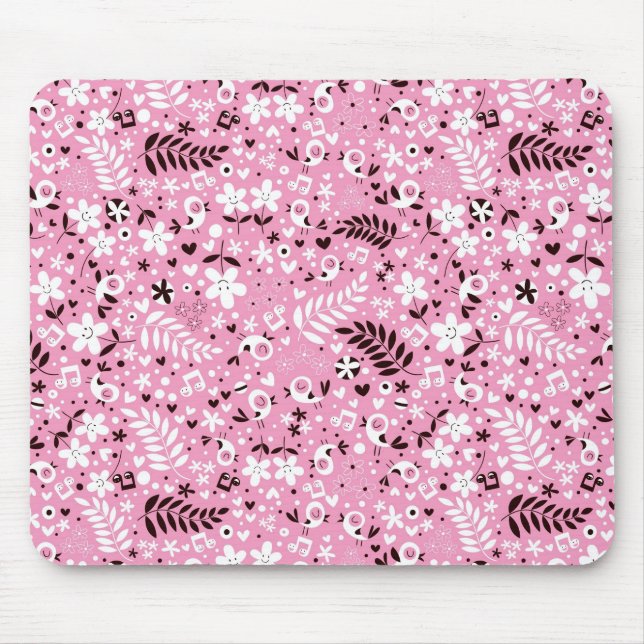 Mousepad teste padrão cor-de-rosa bonito dos pássaros e das (Frente)
