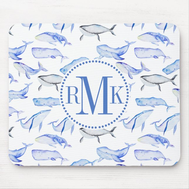 Mousepad Teste padrão da baleia azul da aguarela (Frente)