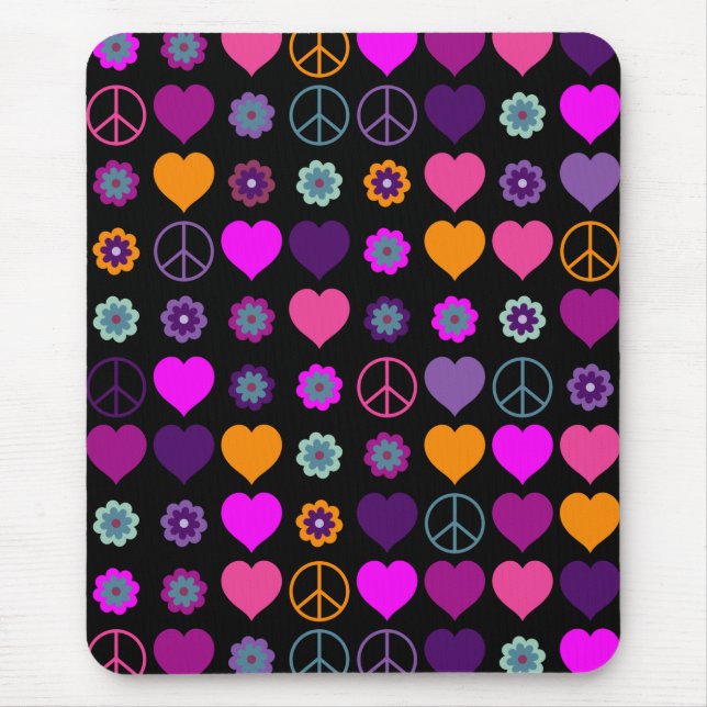 Mousepad Teste padrão da paz do coração de flower power + (Frente)