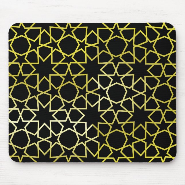 Mousepad Teste padrão de estrelas Dourado no preto (Frente)