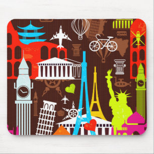 Mousepad Teste padrão de néon do viagem do mundo