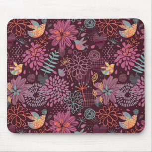 Mousepad Teste padrão floral abstrato com pássaros