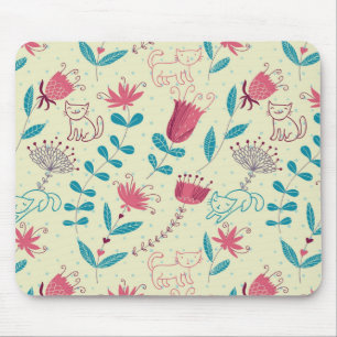 Mousepad Teste padrão floral com gatos dos desenhos