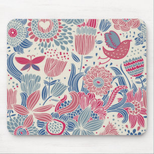Mousepad Teste padrão floral com pássaro e borboleta