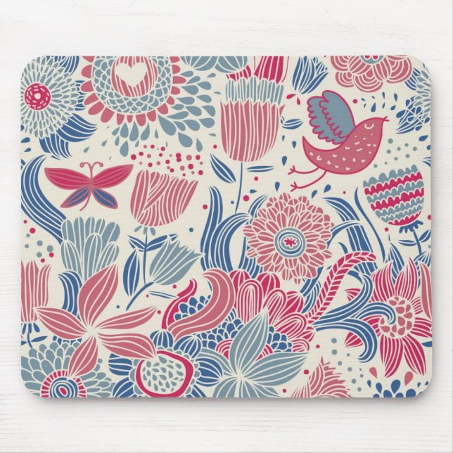 Mousepad Teste padrão floral com pássaro e borboleta (Frente)