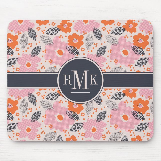 Mousepad Teste padrão floral retro bonito do monograma | (Frente)