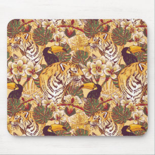 Mousepad Teste padrão floral tropical com tigre