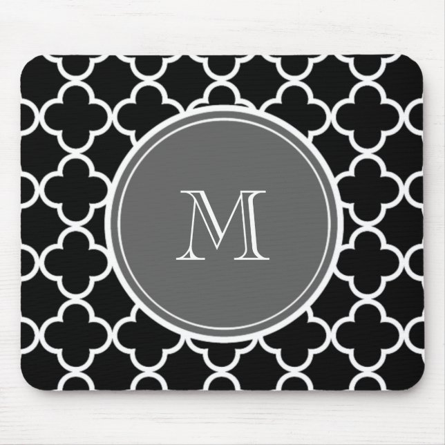 Mousepad Teste padrão preto de Quatrefoil, monograma (Frente)