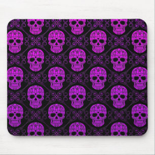 Mousepad Teste padrão roxo e preto do crânio do açúcar