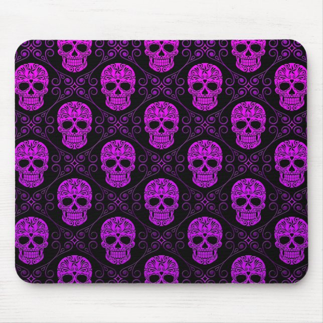 Mousepad Teste padrão roxo e preto do crânio do açúcar (Frente)
