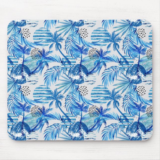 Mousepad Teste padrão tropical azul brilhante da aguarela (Frente)