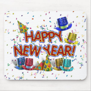 Mousepad Texto de felizes anos novos com Chapéus e Confetti
