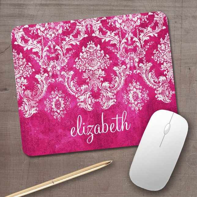 Mousepad Texto Personalizado de Cor damasco Rosa Quente (Personalized Mousepad - Add Your Name to this template)