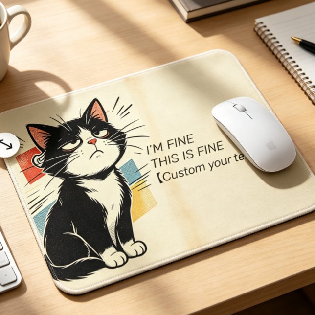 Mousepad Texto Personalizado Eu Estou Bem Isso Está Bem Gat (Sarcastic vintage comic cat mouse pad featuring “I'm Fine This Is Fine”. Add your custom text for a )