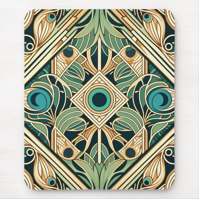 Mousepad Textura Dourada e verde de penas abstrato de pavão (Frente)