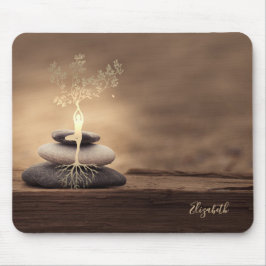 Mousepad Therapist Zen Stones, Gold Tree Silhouette Brown