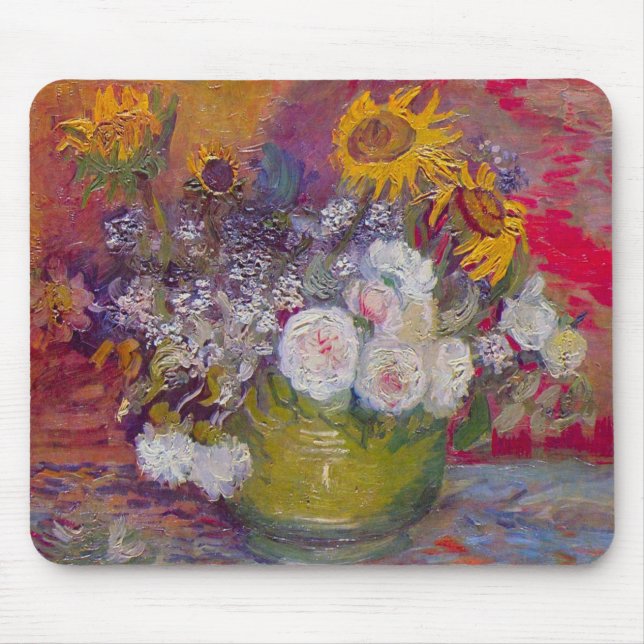 Mousepad Tigela com Girassóis e Rosas por Vincent van Gogh (Frente)