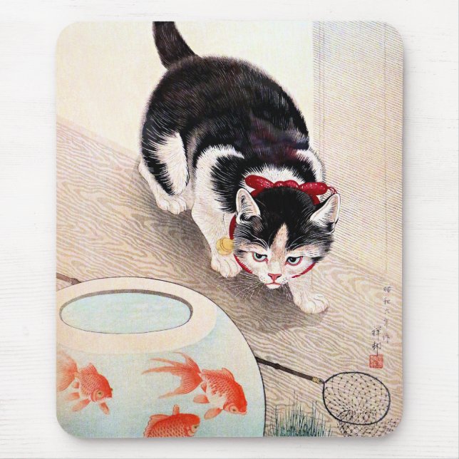 Mousepad Tigela de peixes dourados e gato, (Frente)
