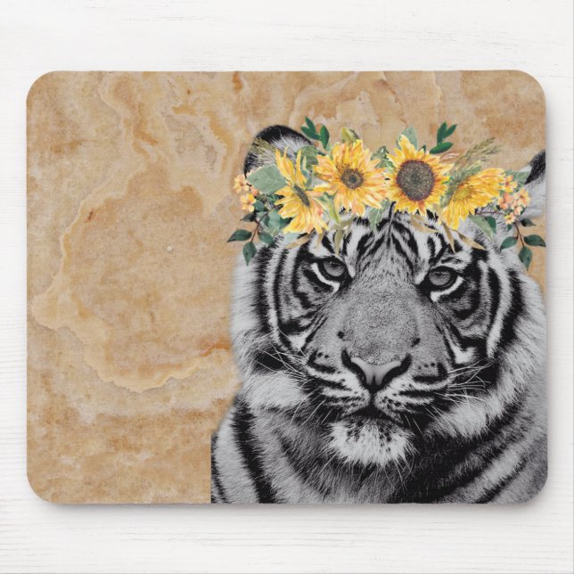 Mousepad Tiger Cat Animal Sunflower Boho Art Colorir (Frente)