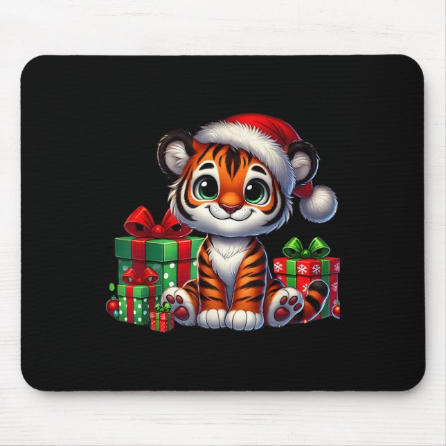 Mousepad Tiger Xmas Lighting Santa Hat Tiger Natal (Frente)