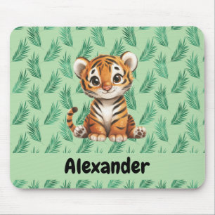 Mousepad Tigre de desenho animado em folhas tropicais