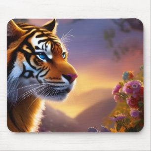 Mousepad Tigre de olhos azuis e flores cor-de-rosa