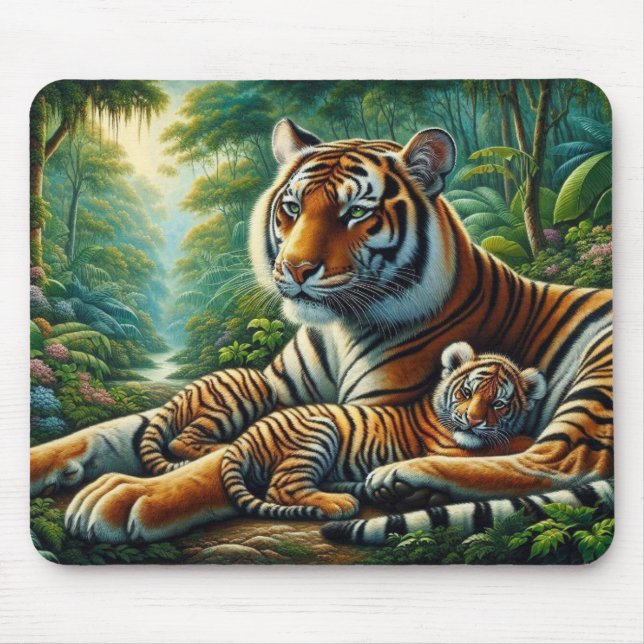 Mousepad Tigre e Cub em uma Pintura da Selva Esmagada (Frente)
