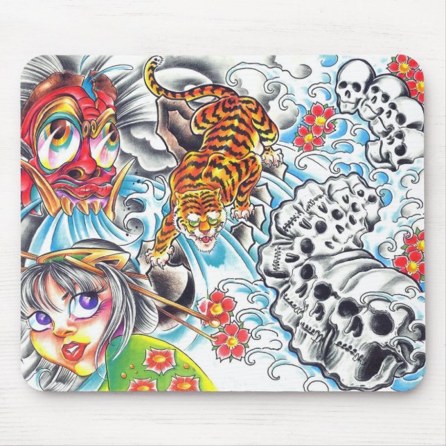 Mousepad tigre oriental das mulheres do crânio (Frente)