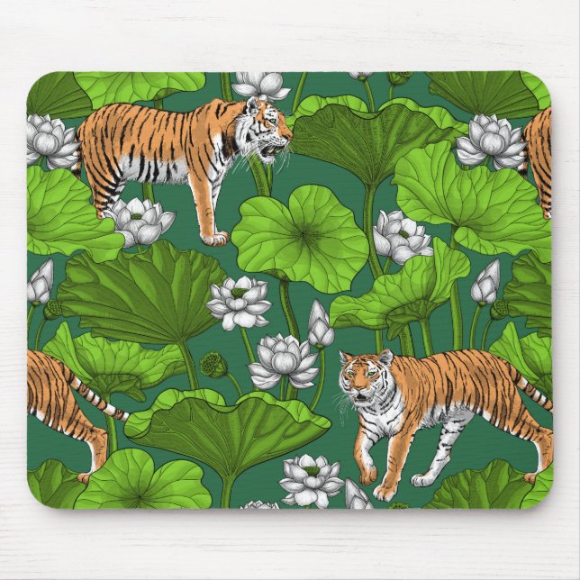 Mousepad Tigres na lagoa branca de lótus (Frente)