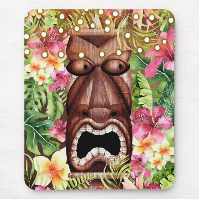Mousepad Tiki Havaiano de Madeira Jantar da Ilha Floral de  (Frente)