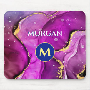 Mousepad Tinta líquida violeta vermelha e Dourada, monogram