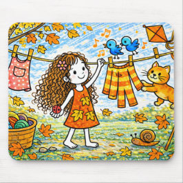 Mousepad Toalha de Rato de Menina de Outono Roupas de Varal