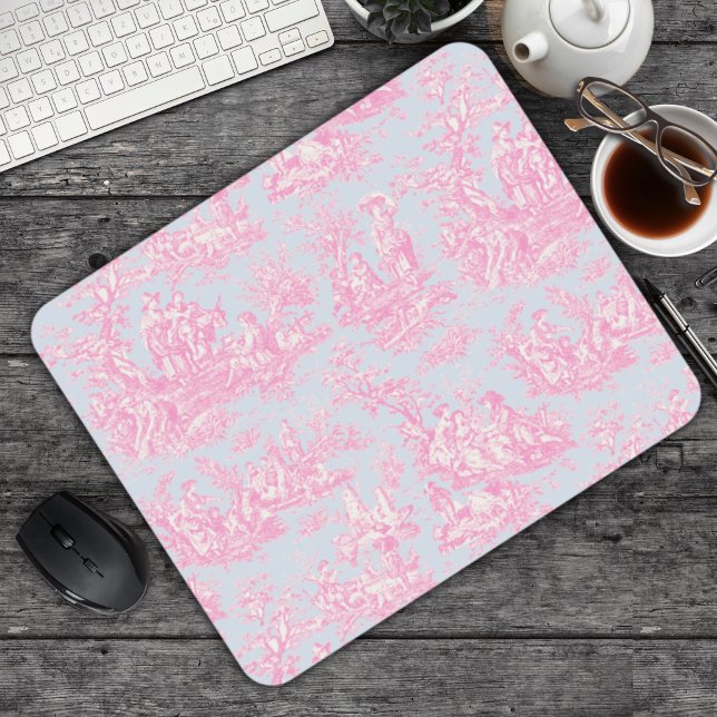 Mousepad Tóile de jouy azul-rosa Elegante (Criador carregado)
