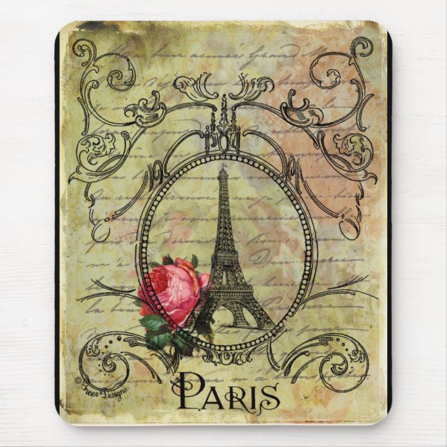 Mousepad Torre Eiffel de Paris e Rosa vermelha Steampunk (Frente)