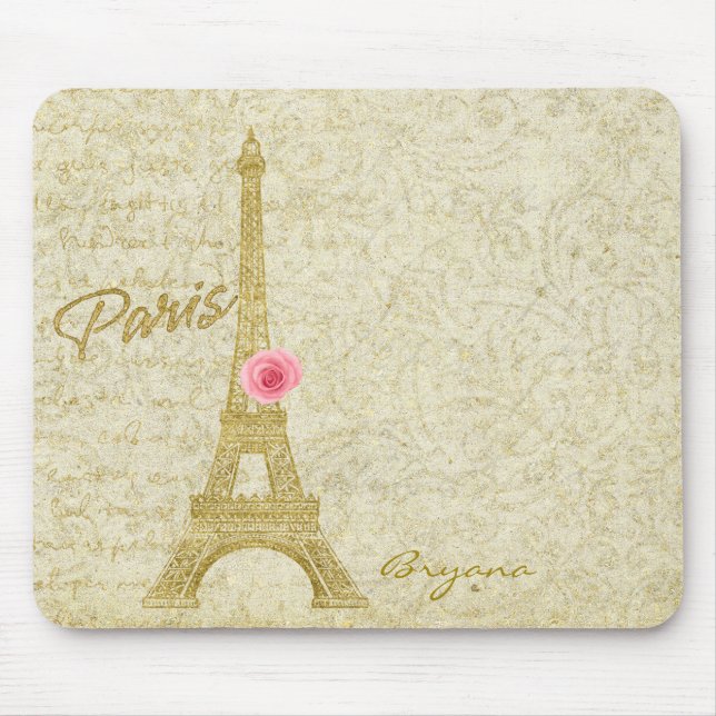 Mousepad Torre Eiffel Paris Dourado & Rosa Elegante Mouse P (Frente)