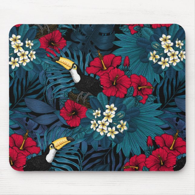 Mousepad Toucans e flora tropical, verdes e vermelhas (Frente)
