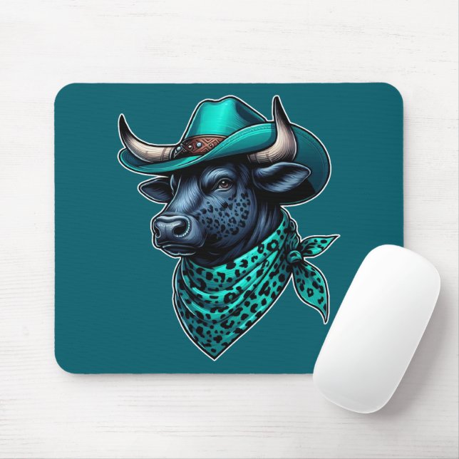 Mousepad Touro De Cowboy Com Chapéu De Turquesa e Patterno (Com mouse)