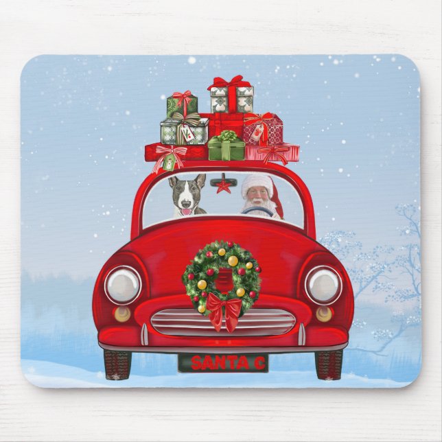Mousepad Touro Terrier Cão No Carro Com Papai Noel (Frente)
