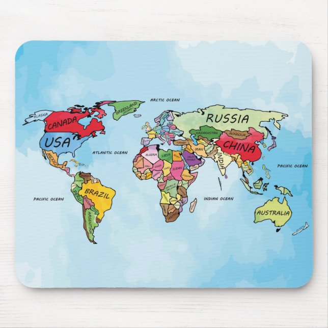 Mousepad Trabalho de arte de aquarela do World Map (Frente)