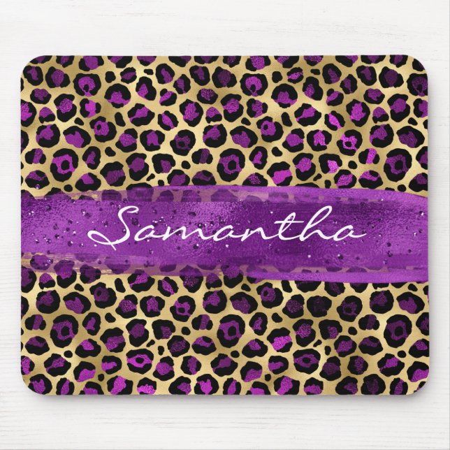 Mousepad Traço de Pincel Leopardo em Folha Dourada e Roxa (Frente)
