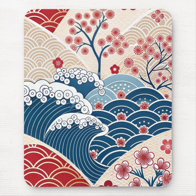 Mousepad Traditional Red Blue Japanese Wave Sakura Pattern (Frente)