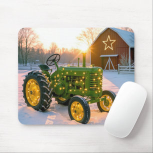 Mousepad Trator Verde Vintage de Natal Com Luz de Feriado