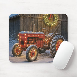 Mousepad Trator Vermelho da Fazenda de Natal com Grinalda I