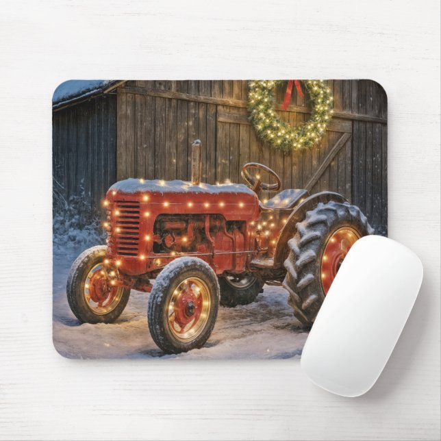 Mousepad Trator Vermelho da Fazenda de Natal com Grinalda I (Com mouse)
